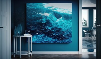  a painting of a blue ocean wave on a blue wall.  generative ai