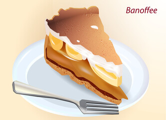 A slice of banoffee pie is a traditional English dessert with butterscotch bananas and a layer of whipped cream