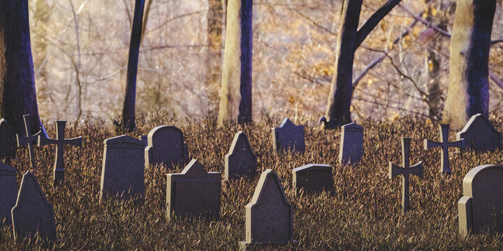 Various gravestones and crosses in cemetery on autumn day. 3d render