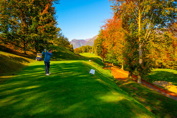 Hole 5 in Golf Course Menaggio with Mountain View in Autumn in Lombardy, Italy.