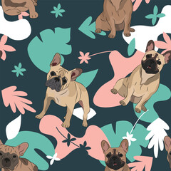French Bulldog dog wallpaper with leaves, palms, flowers, plants. Pastel green, pink, navy. Holiday abstract natural shapes. Seamless floral background with dogs, repeatable pattern.Birthday wallpaper