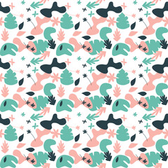 Summer vivid wallpaper with leaves, palms, flowers, plants. Pastel green, pink, navy. Holiday abstract natural shapes. Seamless floral background with leaf, repeatable pattern. Birthday wallpaper. 