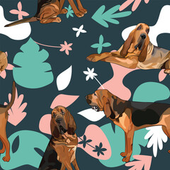 Bloodhound dog wallpaper with leaves, palms, flowers, plants. Pastel green, pink, navy. Holiday abstract natural shapes. Seamless floral background with dogs, repeatable pattern. Birthday wallpaper.  - obrazy, fototapety, plakaty