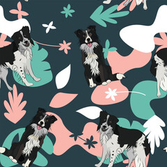 Border collie dog wallpaper with leaves, palms, flowers, plants.Pastel green, pink, navy. Holiday abstract natural shapes. Seamless floral background with dogs, repeatable pattern.Birthday wallpaper.  - obrazy, fototapety, plakaty
