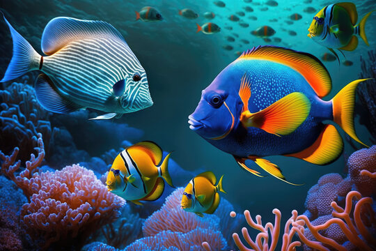 Colorful tropical fish swimming in ocean, generative AI