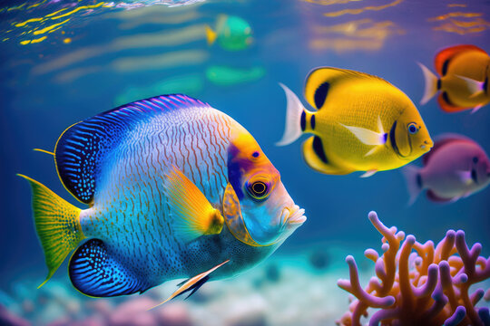 Colorful tropical fish swimming in ocean, generative AI