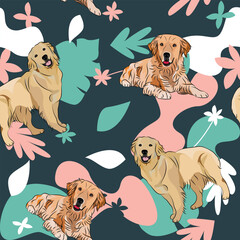 Golden Retriever dog wallpaper with leaves, palms, flowers, plants. Pastel green, pink, navy. Holiday abstract natural shapes. Seamless floral background with dogs, repeatable pattern.Birthday.