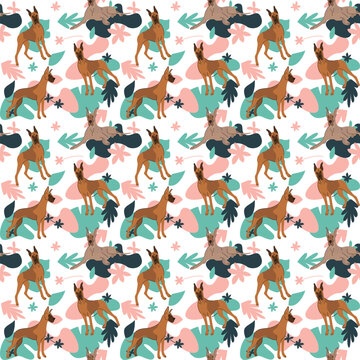 Great Dane dog wallpaper with leaves, palms, flowers, plants. Pastel green, pink, navy. Holiday abstract natural shapes. Seamless floral background with dogs, repeatable pattern. Birthday wallpaper. 