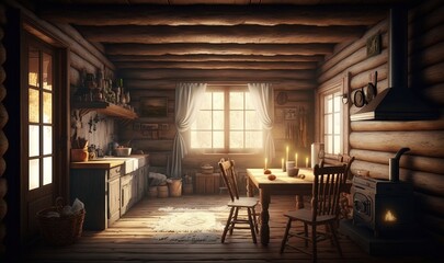 Fototapeta premium a room with a table and chairs and a stove in it. generative ai