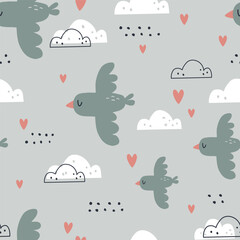 vector seamless boho pattern with flying birds