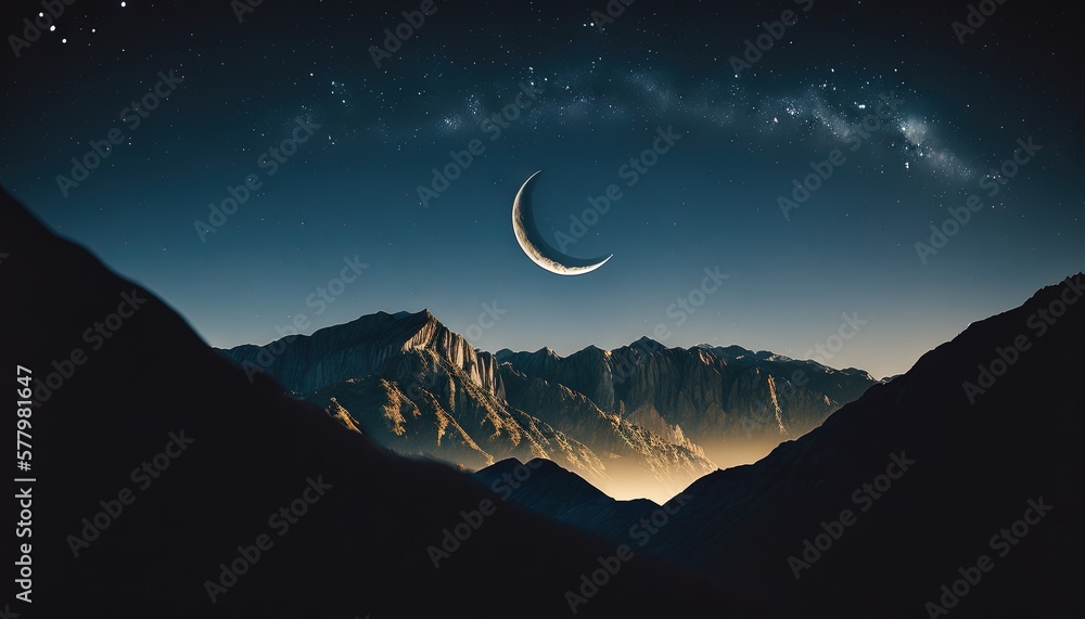 Poster a view of a mountain range with a half moon in the sky. generative ai