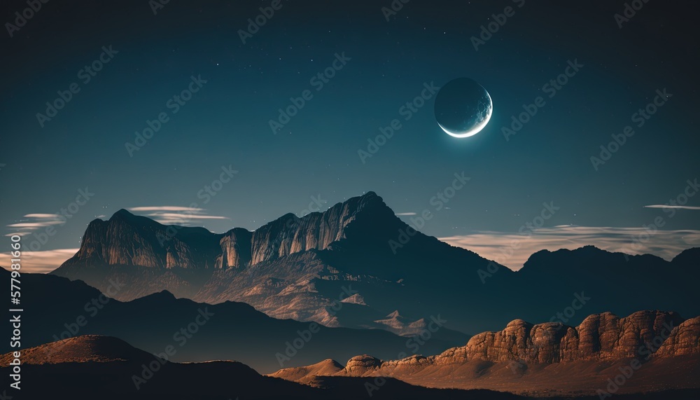 Poster a view of a mountain range with a crescent in the sky. generative ai