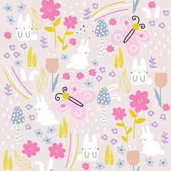 Cute floral seamless pattern with white bunnies. Spring child print. Vector hand drawn illustration. - 577981626