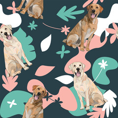Labrador dog wallpaper with leaves, palms, flowers, plants. Pastel green, pink, navy. Holiday abstract natural shapes. Seamless floral background with dogs, repeatable pattern. Birthday wallpaper. 