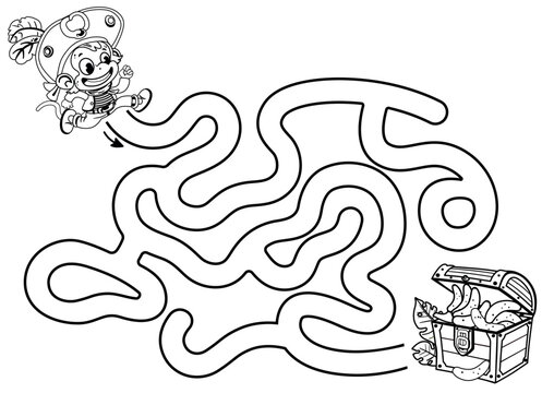 Black and white maze game for kids to guide pirate monkey to treasure chest full of bananas. Vector illustration.