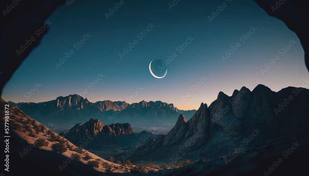 Poster a view of a mountain range with a crescent in the sky. generative ai
