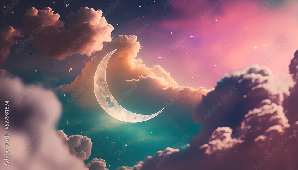 Poster a crescent in the sky with clouds and stars in the sky. generative ai