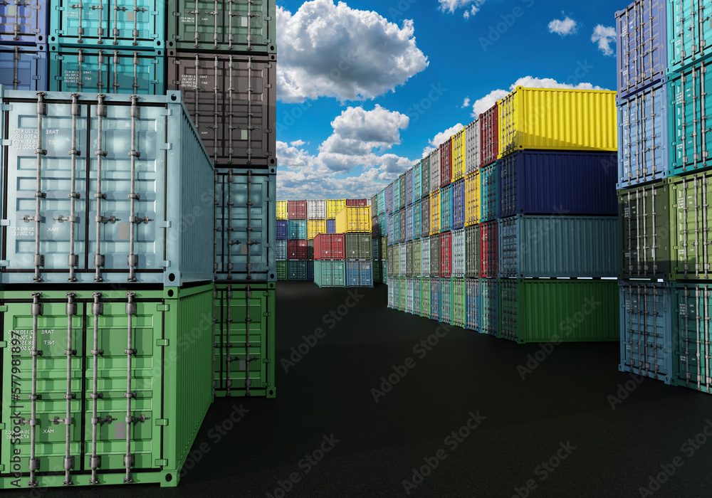 Poster container warehouse. sea harbor area. multi-colored containers are stored outside. large logical hub