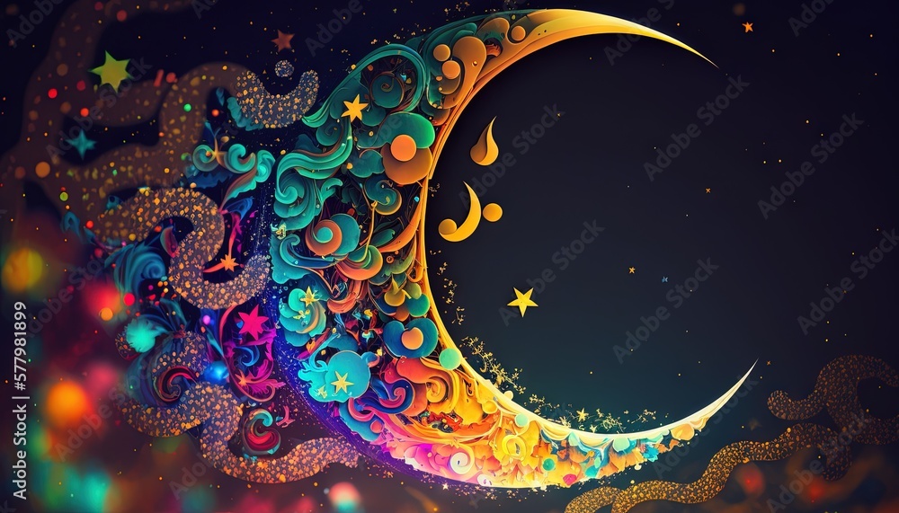 Poster a colorful crescent with stars and swirls on a dark background. generative ai