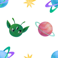 Alien space seamless pattern. Green alien head, stars and planets on white background. High resolution, 300 dpi