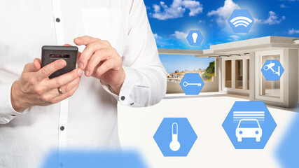 Man controls smart home. Guy with phone. IoT technologies. Cropped man is texting. Smart home control via phone. Cottage with IOT icons. Rustic look with smart home appliances. Innovative technologies