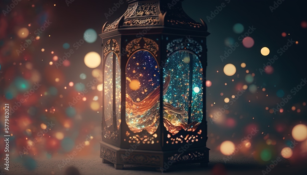 Poster  a lantern with a colorful light inside of it on a table.  generative ai