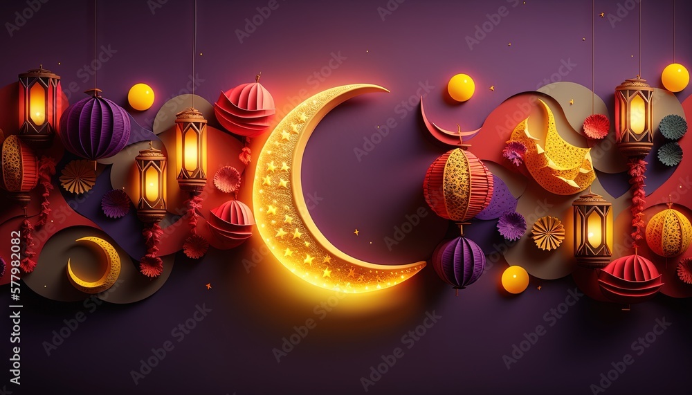 Poster a purple background with lanterns and a crescent shaped lantern on it. generative ai