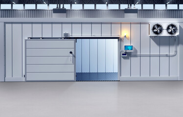 Refrigerator compartment. Cold store inside warehouse building. Empty container for frozen storage. Industrial refrigerator compartment. Refrigerators air-conditioned unit. 3d rendering.