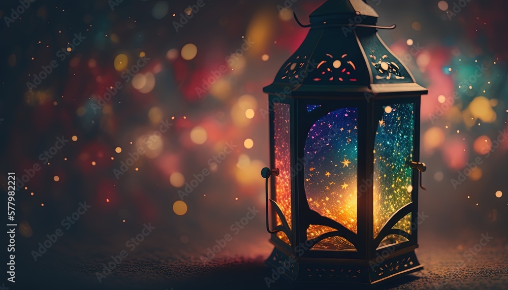 Poster a colorful lantern is lit on a dark surface with a blurry background. generative ai