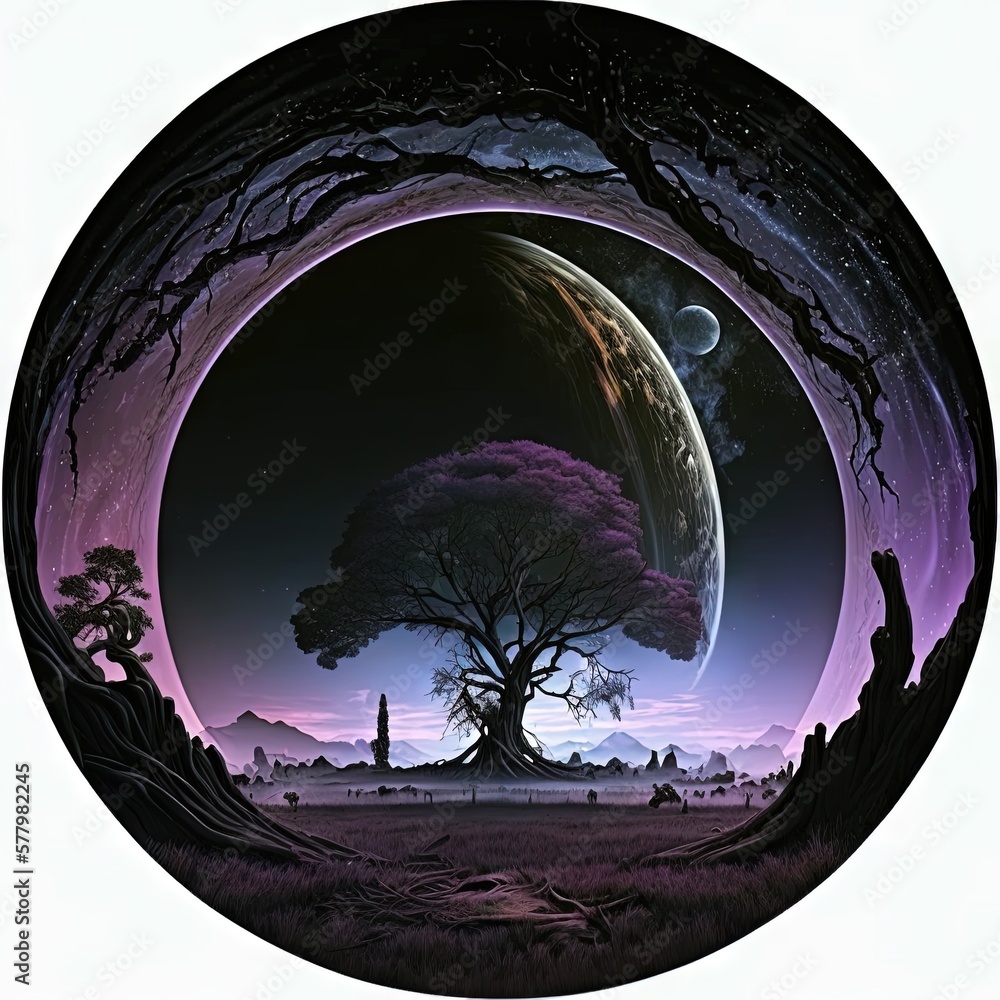 Aufkleber a painting of a tree and a distant planet in a circular frame. generative ai