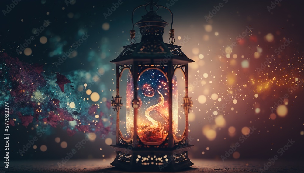 Poster a lantern with a fire inside of it on a table. generative ai