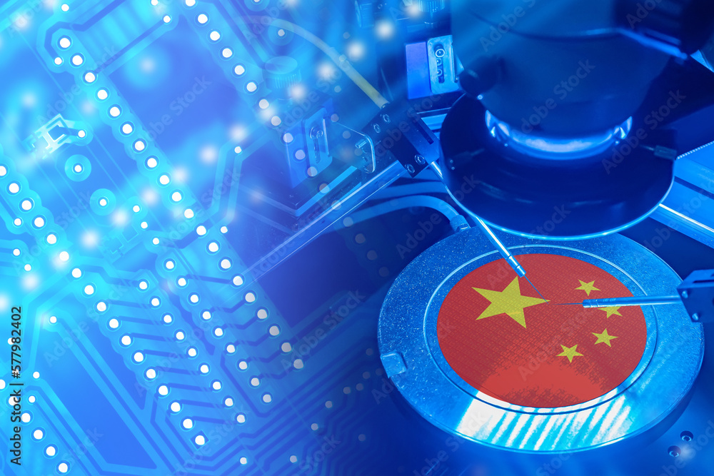 Poster Electronics manufacturing in China. Machine for creating microprocessors with PRC flag. Production printed circuit boards. Creation microprocessors. Import of microprocessors made in China. 3d image.