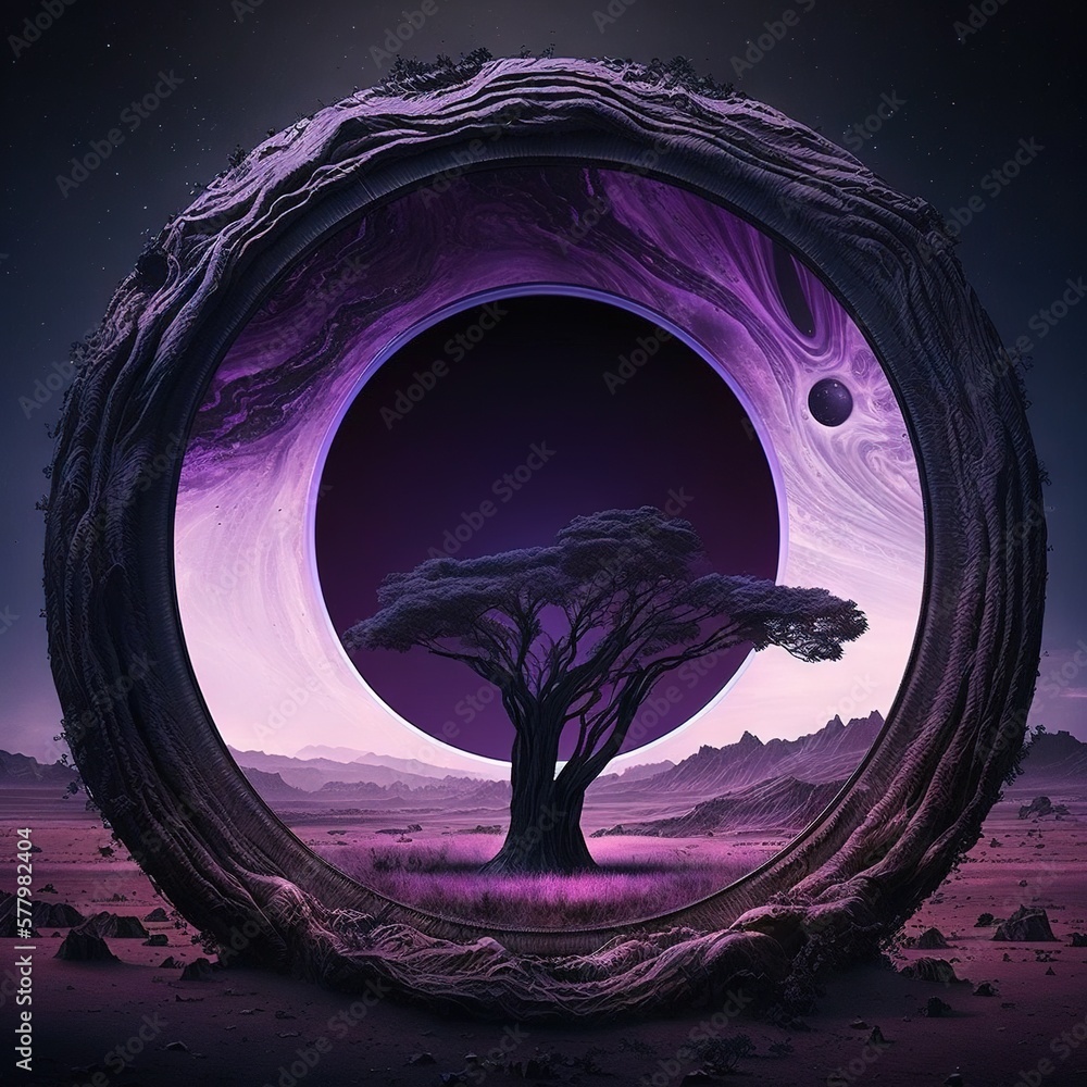 Poster a picture of a tree in a circle with a sky background. generative ai