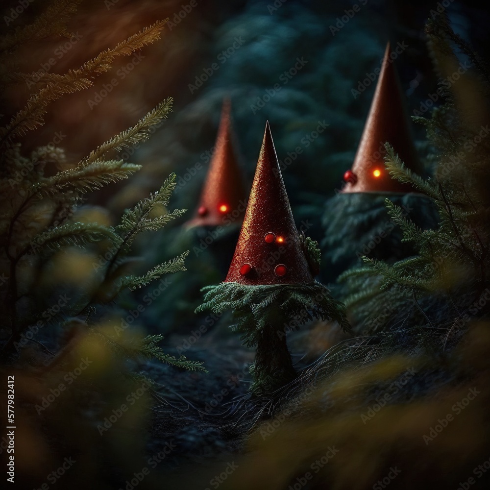 Poster three red lights are on top of a tree in the woods. generative ai