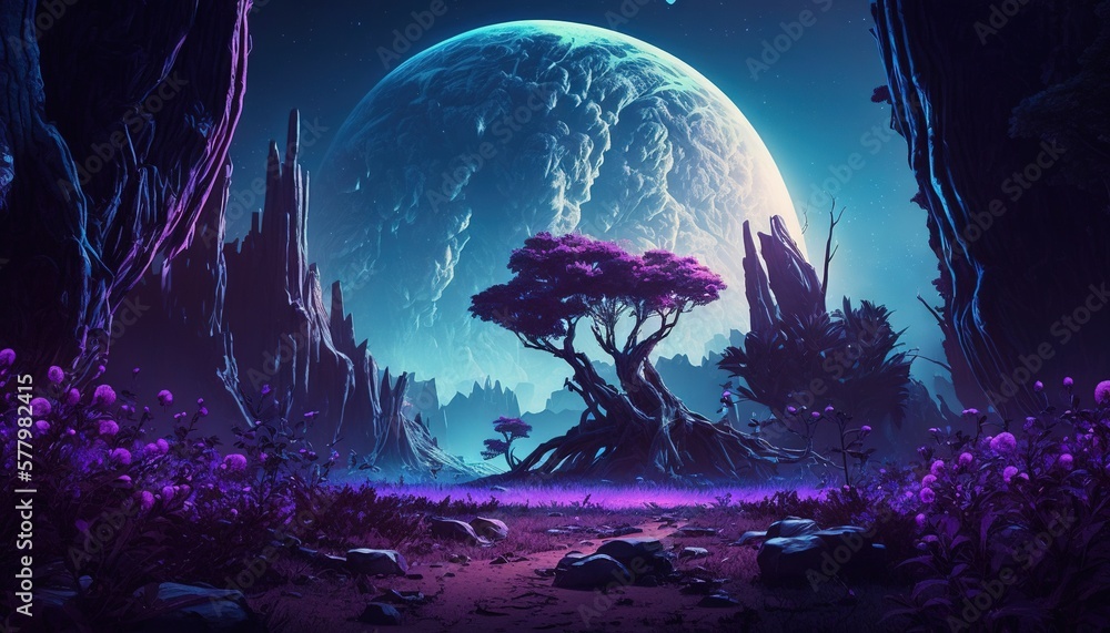 Aufkleber a fantasy scene with a tree and a planet in the background. generative ai