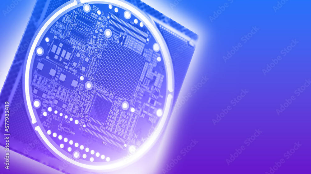 Aufkleber printed circuit board. digital board on purple. round printed circuit board for computer or phone. c