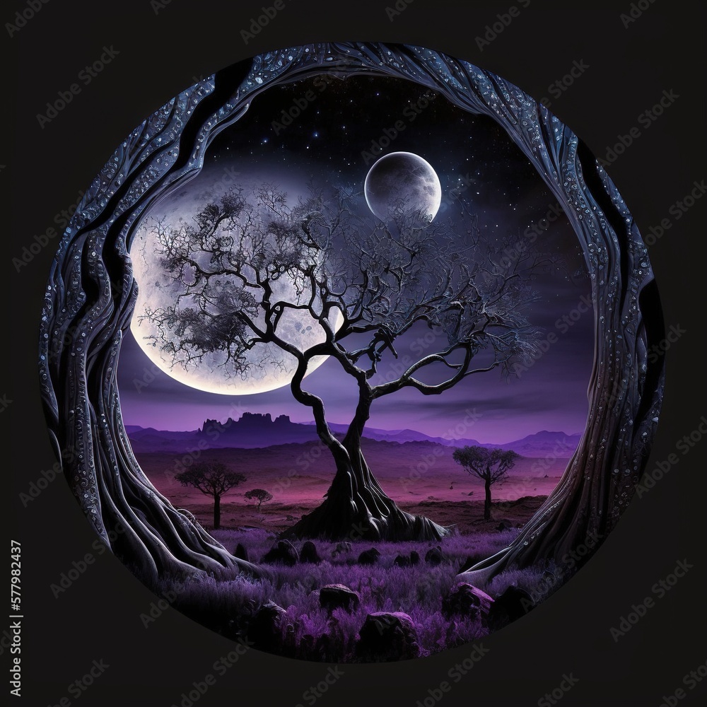 Poster a tree in the middle of a field with a full moon in the background