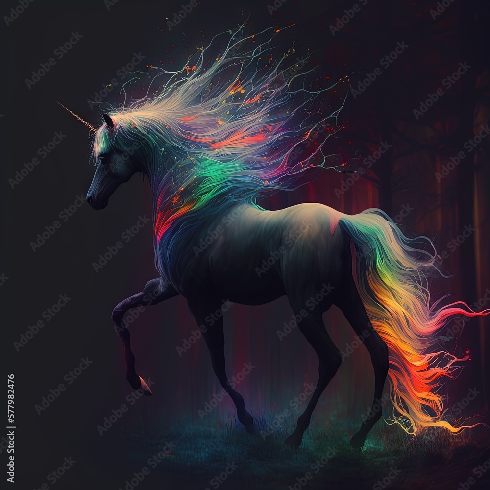 Poster a rainbow colored unicorn running through a forest with trees in the background. generative ai