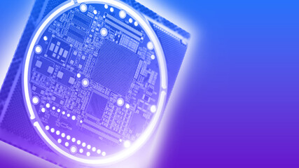 Printed circuit board. Digital board on purple. Round printed circuit board for computer or phone. Concept of production of microprocessors. PCB detail. High tech. Art blurred. Copy space