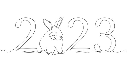 Continuous drawing with one line of the rabbit symbol of 2023. Fluffy rabbit silhouette with ears in a simple linear style for a winter greeting card and a web banner. Vector illustration of doodles