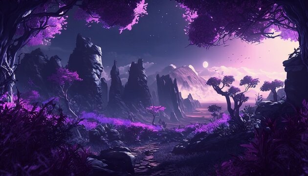  a painting of a purple forest with rocks and trees at night.  generative ai