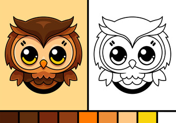 Cute owl face cartoon illustration in coloring page style wild animal