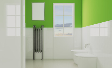 A green oasis in a white bathroom with a window.. 3D rendering.. Mockup.   Empty paintings