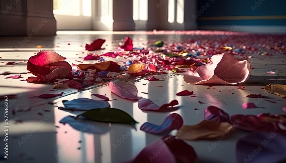 Aufkleber a bunch of petals on the ground in a room with columns. generative ai