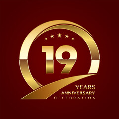 19th Anniversary logo design with shiny gold ring style. Logo Vector Template
