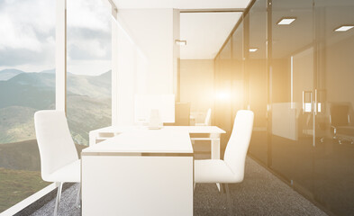 Fototapeta na wymiar Modern office building interior. 3D rendering.. Sunset.