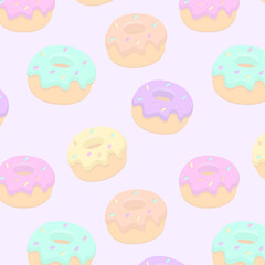 seamless vector pattern with donuts,  food, sweets, easter, pastel colors, celebration, cooking, pastries, backing, glaze, frosting, candies, cute, flat style, purple, blue, pink, yellow, orange