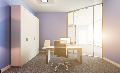 Office interior design in whire color. 3D rendering.. Sunset.