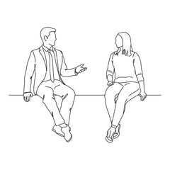 Businessman talking with casual young woman line drawing illustration.