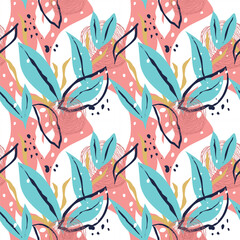 Abstract flower and leaves seamless pattern blooming on pink background. Repeating floral vector design for wallpaper, print and card.